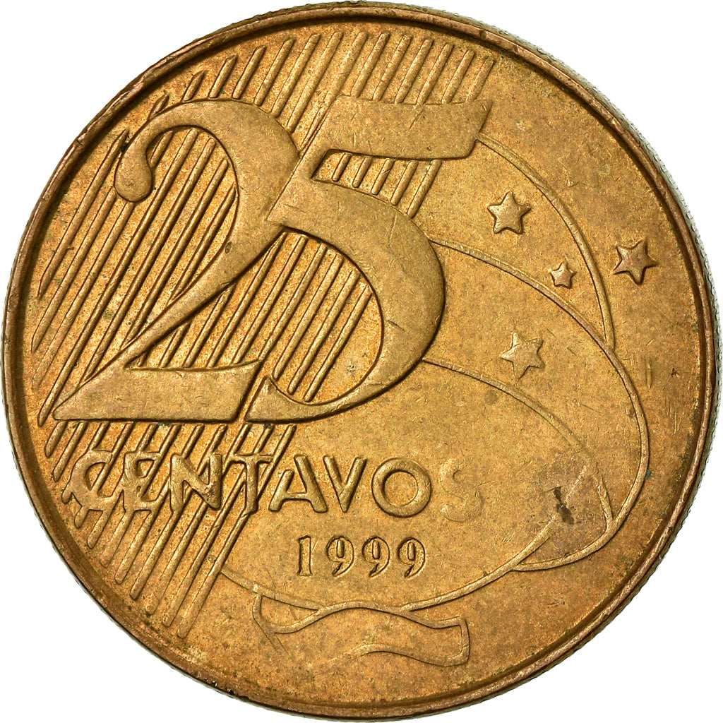 Moneta, Brazylia, 25 Centavos, 1999, EF(40-45), Brąz platerowany stalą, KM:650