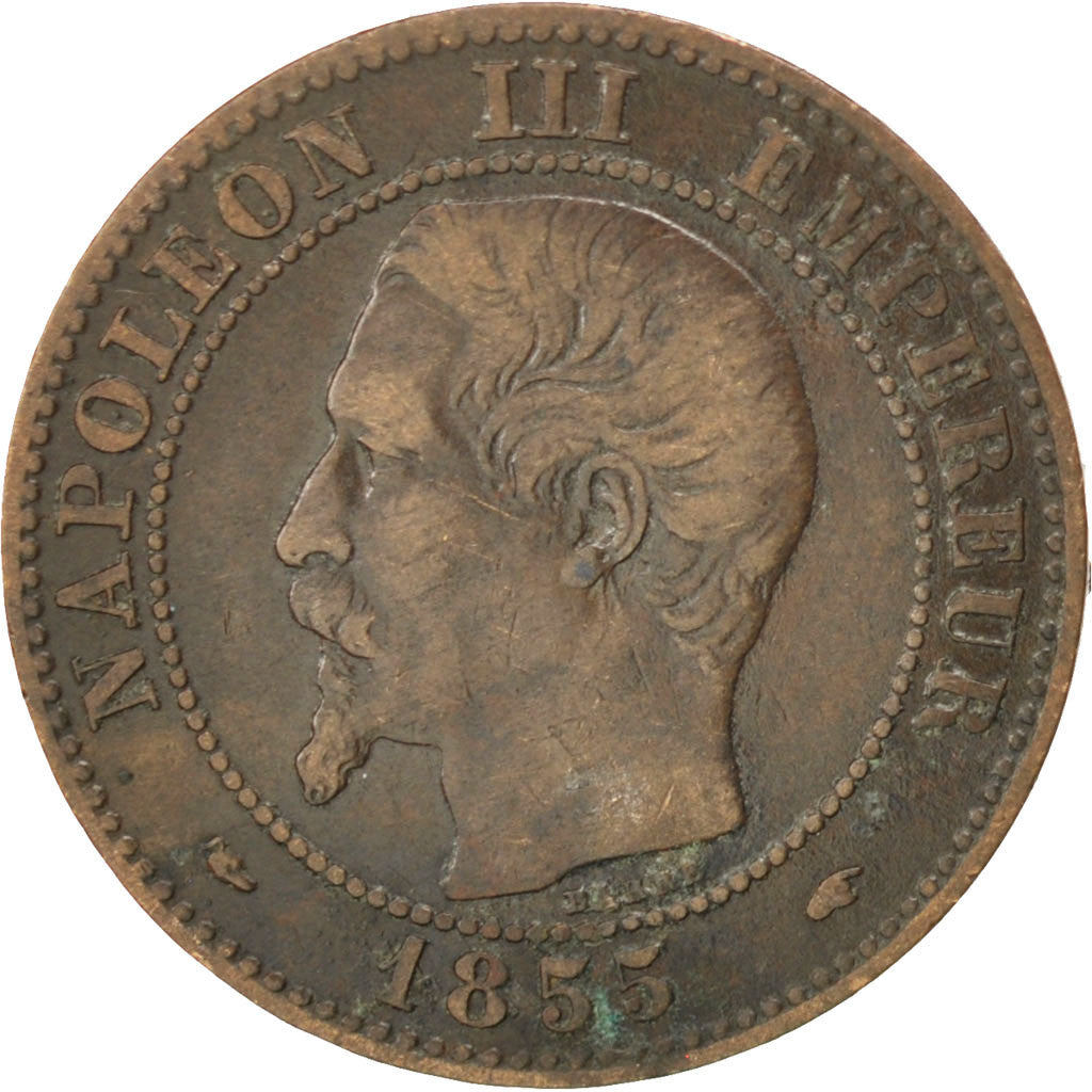 FRANCE, Napoléon III, 2 Centimes, 1855, Paris, KM #776.1, VF(30-35), Bronze, G..