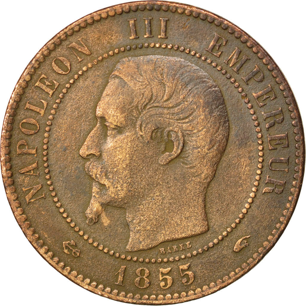 FRANCE, Napoléon III, 10 Centimes, 1855, Paris, KM #771.1, VF(30-35), Bronze, G.