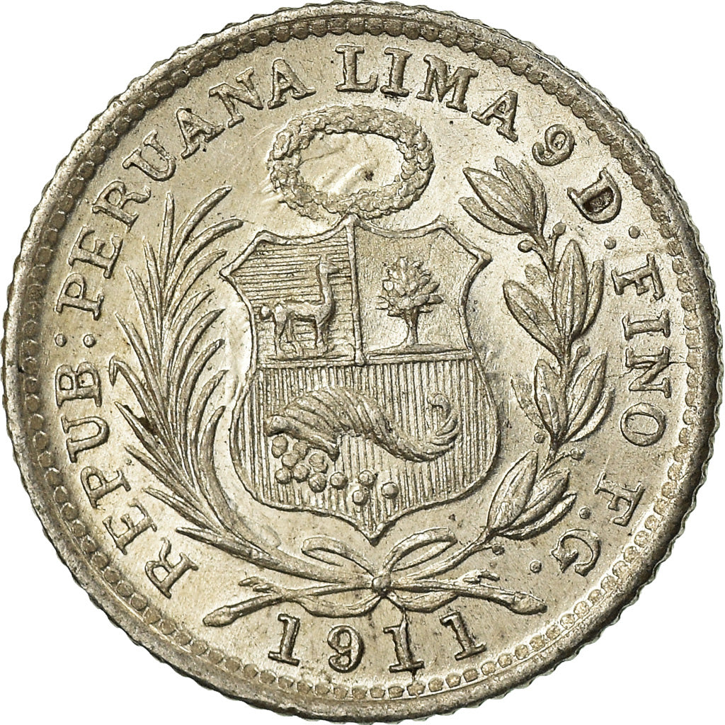 Coin, Peru, 1/2 Dinero, 1911, Lima, AU(55-58), Silver, KM:206.2