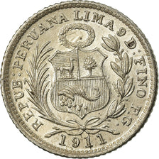 Coin, Peru, 1/2 Dinero, 1911, Lima, AU(55-58), Silver, KM:206.2