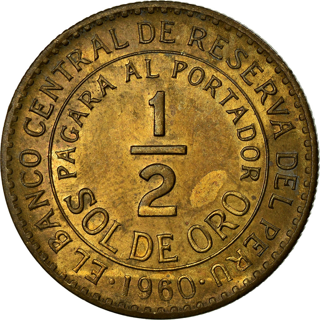 Moneta, Peru, 1/2 Sol, 1960, EF(40-45), Mosiądz, KM:220.5