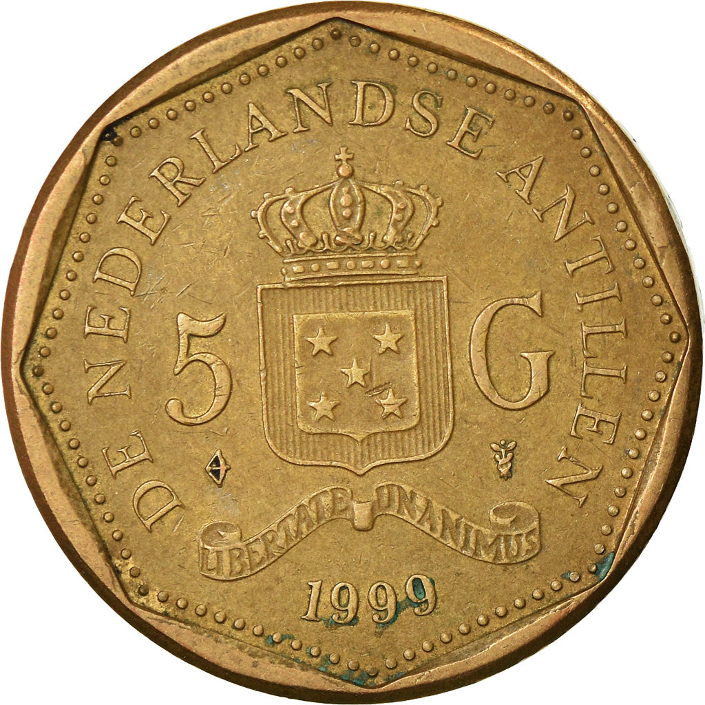 Munten, Nederlandse Antillen, Beatrix, 5 Gulden, 1999, ZF, Aureate Bonded Steel