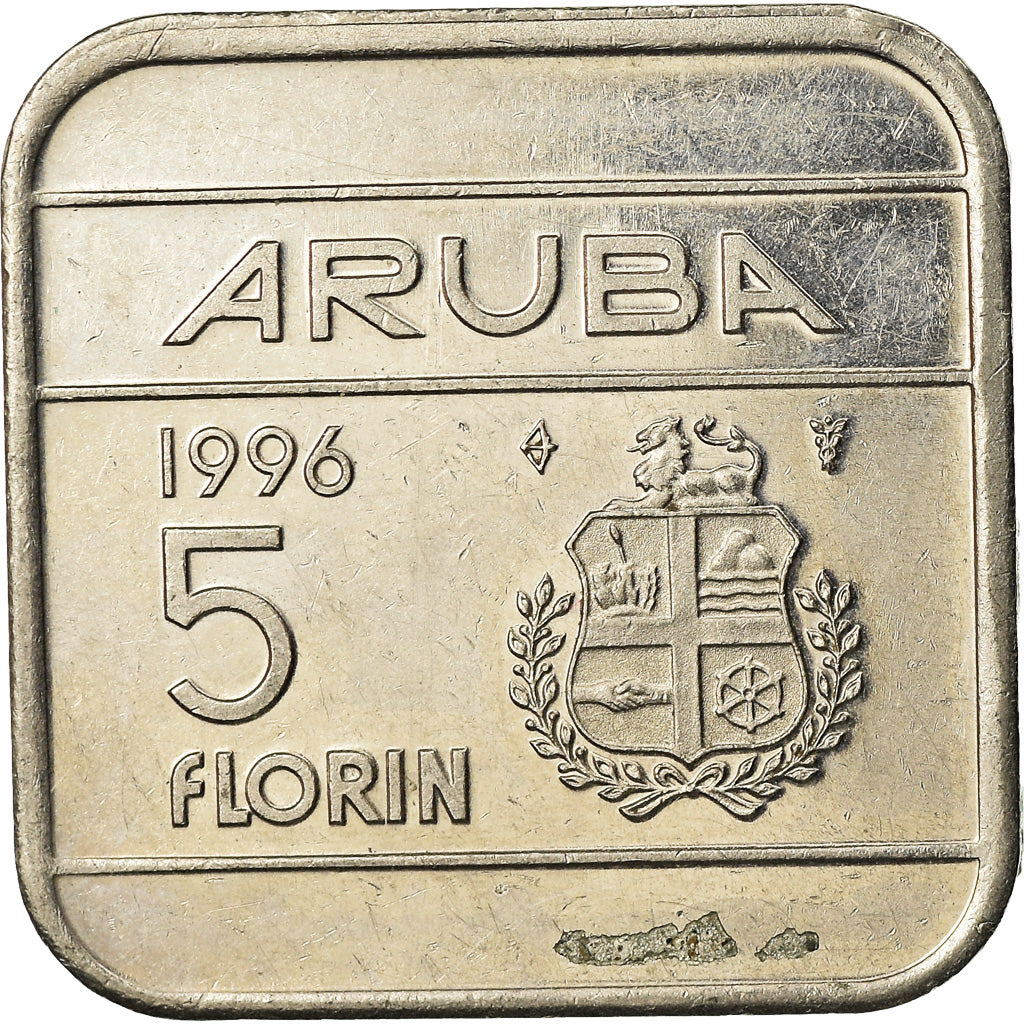 Moneda, Aruba, Beatrix, 5 Florin, 1996, Utrecht, MBC, Níquel aleado con acero