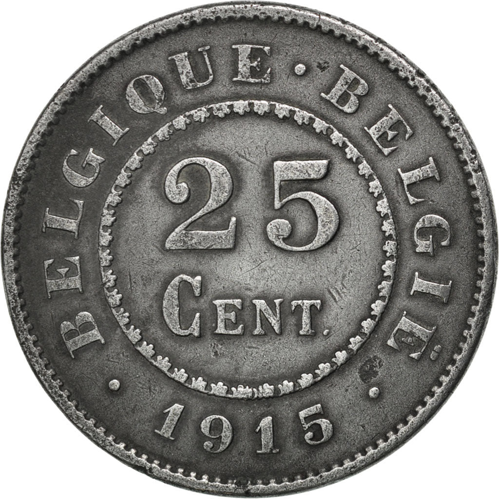 BELGIUM, 25 Centimes, 1915, KM #82, AU(50-53), Zinc, 26, 6.42