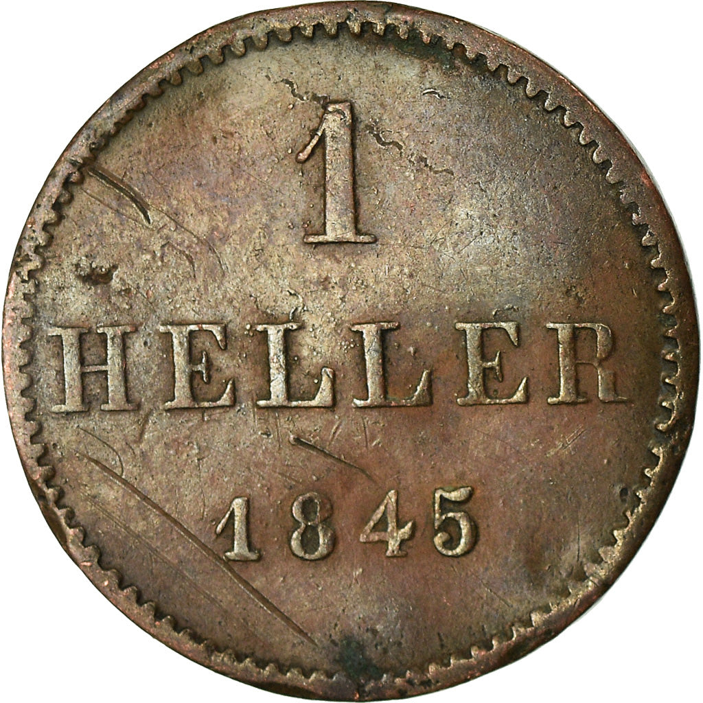 Moneta, Stati tedeschi, FRANKFURT AM MAIN, Heller, 1845, MB+, Rame, KM:327