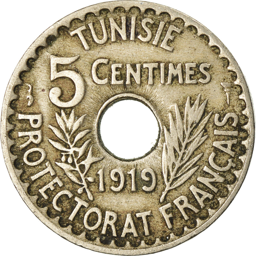 Monnaie, Tunisie, Muhammad al-Nasir Bey, 5 Centimes, 1919, Paris, TTB