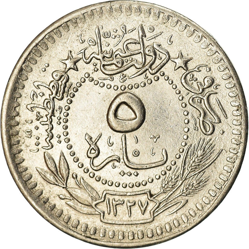 Coin, Turkey, Muhammad V, 5 Para, 1912, Qustantiniyah, AU(55-58), Nickel, KM:759
