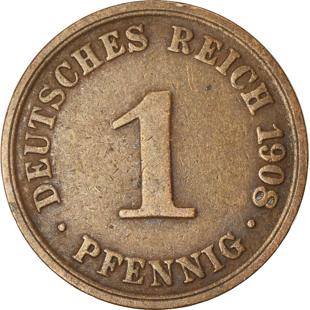 Moneda, ALEMANIA - IMPERIO, Wilhelm II, Pfennig, 1908, Berlin, MBC, Cobre, KM:10