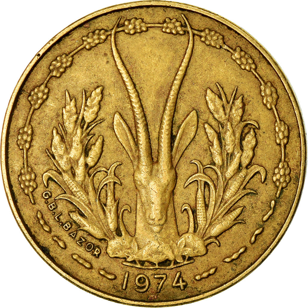 Coin, West African States, 5 Francs, 1974, EF(40-45), Aluminum-Nickel-Bronze