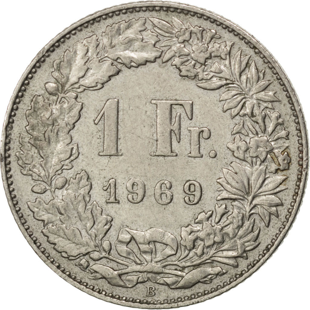 SWITZERLAND, Franc, 1969, Bern, KM #24a.1, AU(55-58), Copper-Nickel, 23.2, 4.22