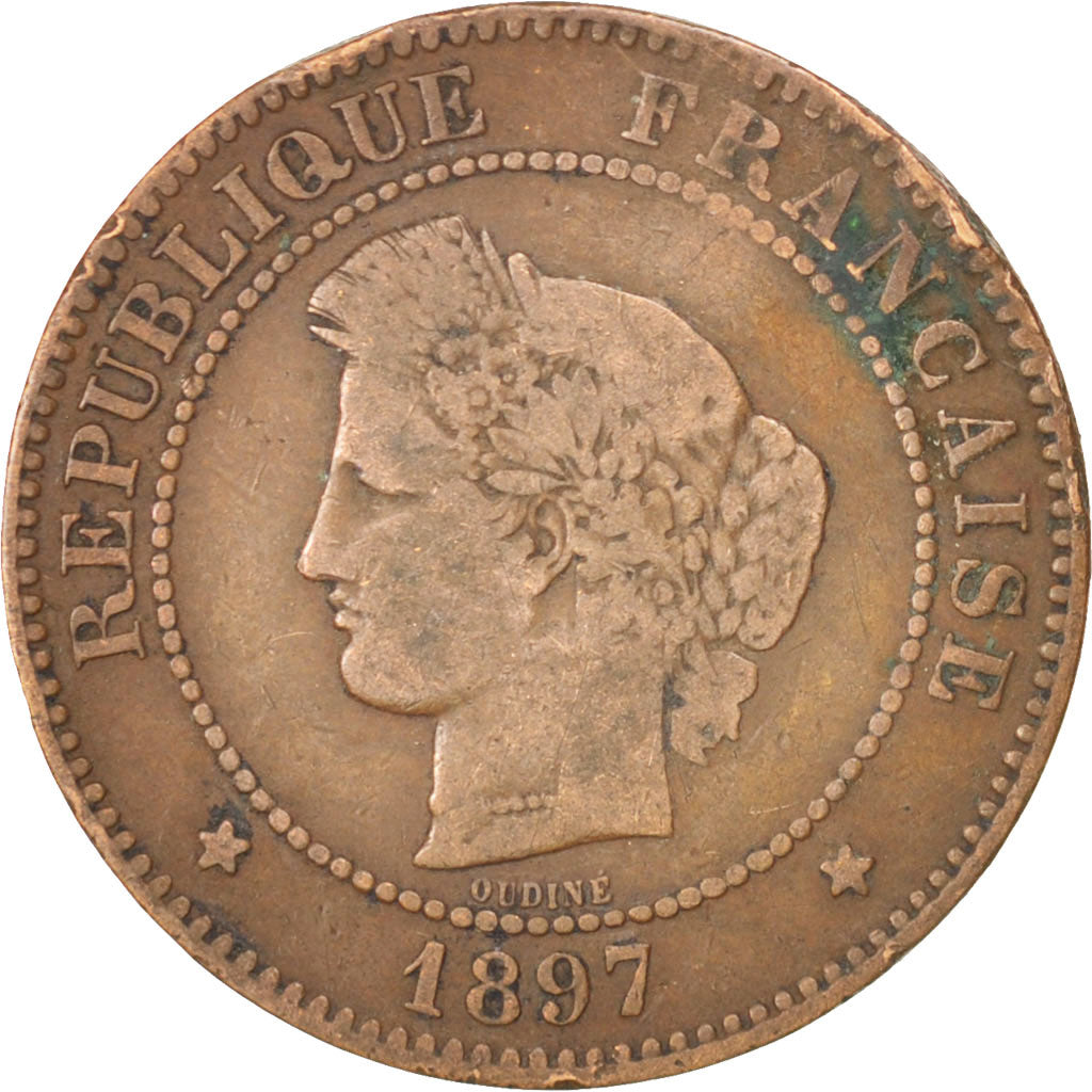 FRANCE, Cérès, 5 Centimes, 1897, Paris, KM #821.1, VF(30-35), Bronze, Gadoury #.