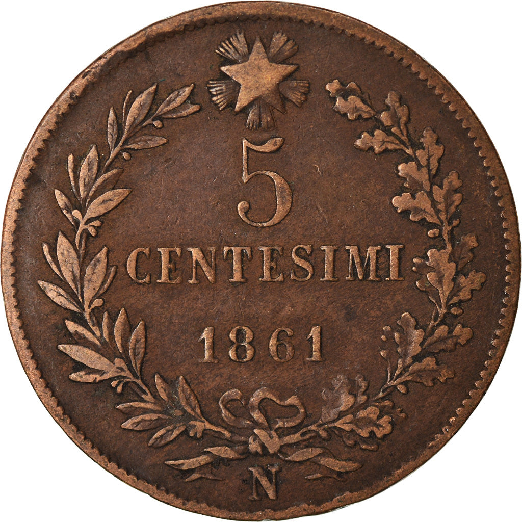 Moneta, Italia, Vittorio Emanuele II, 5 Centesimi, 1861, Naples, MB+, Rame