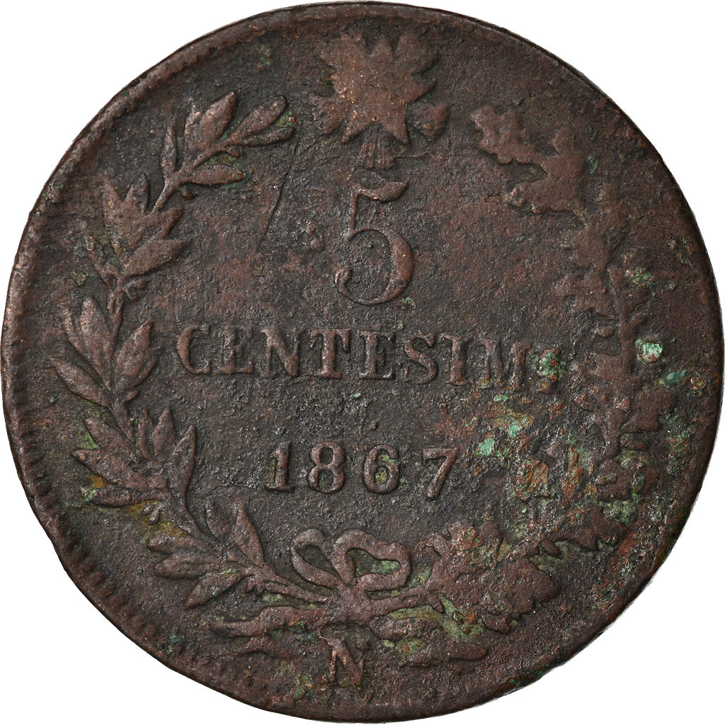 Moeda, Itália, Vittorio Emanuele II, 5 Centesimi, 1867, Naples, VF(20-25)