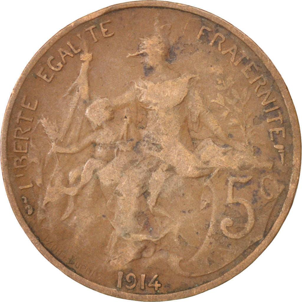 FRANCE, Dupuis, 5 Centimes, 1914, Paris, KM #842, VF(30-35), Bronze, 25.1,...