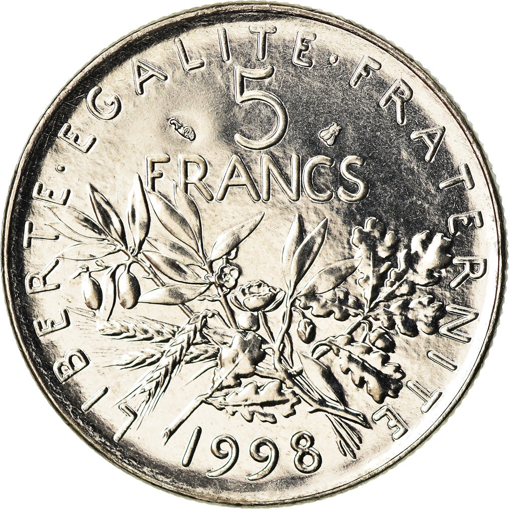Moeda, França, Semeuse, 5 Francs, 1998, Paris, MS(65-70), Cobre-Níquel