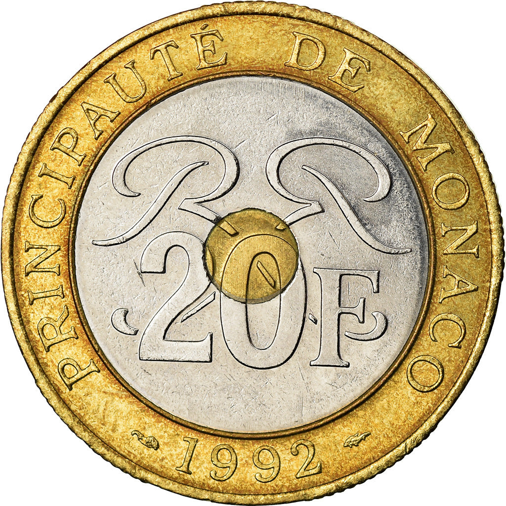 Coin, Monaco, Rainier III, 20 Francs, 1992, AU(55-58), Tri-Metallic, KM:165