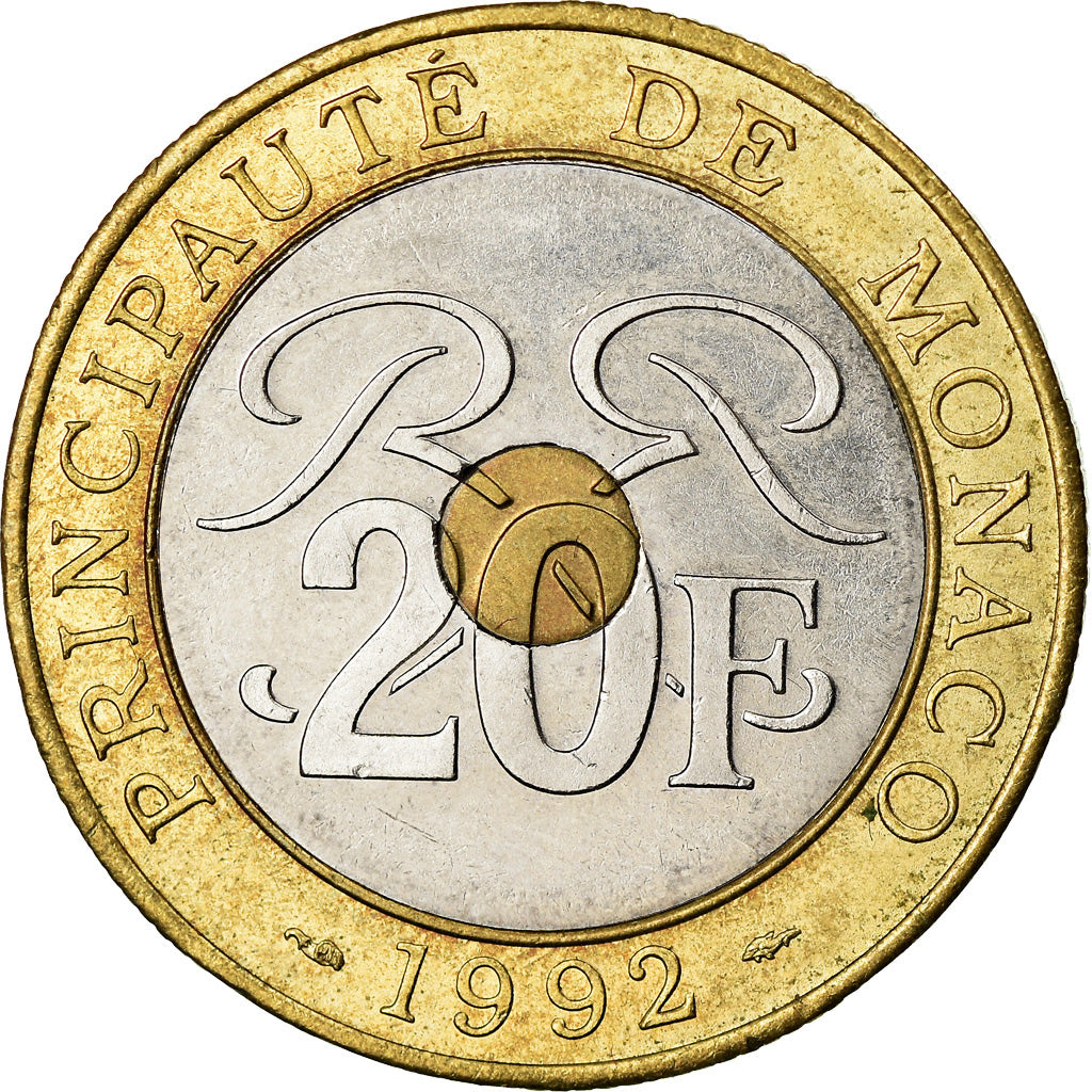 Coin, Monaco, Rainier III, 20 Francs, 1992, AU(55-58), Tri-Metallic, KM:165