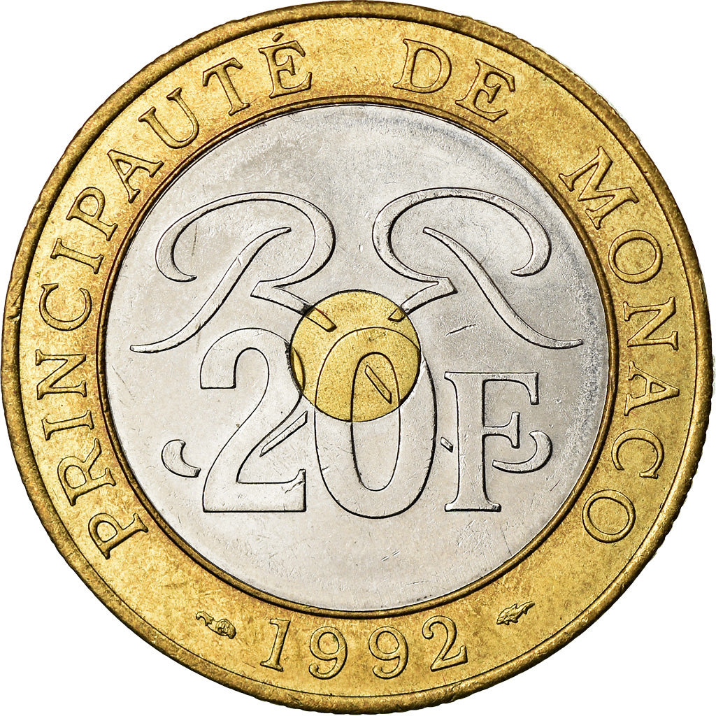 Coin, Monaco, Rainier III, 20 Francs, 1992, AU(55-58), Tri-Metallic, KM:165