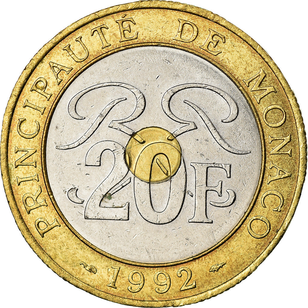 Coin, Monaco, Rainier III, 20 Francs, 1992, AU(55-58), Tri-Metallic, KM:165