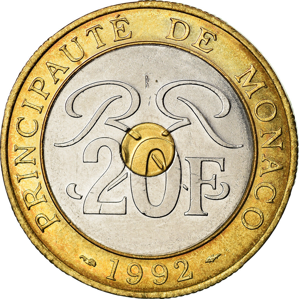 Coin, Monaco, Rainier III, 20 Francs, 1992, AU(55-58), Tri-Metallic, KM:165