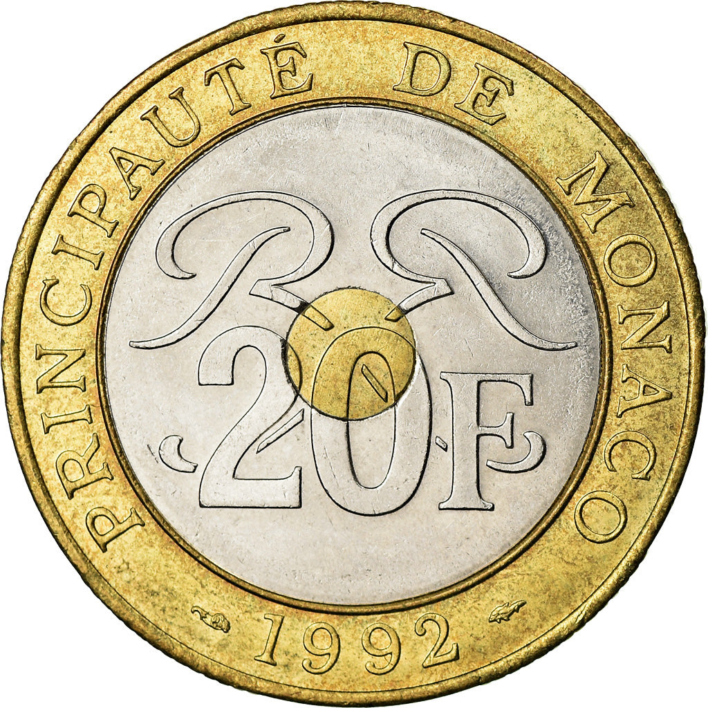 Coin, Monaco, Rainier III, 20 Francs, 1992, AU(55-58), Tri-Metallic, KM:165