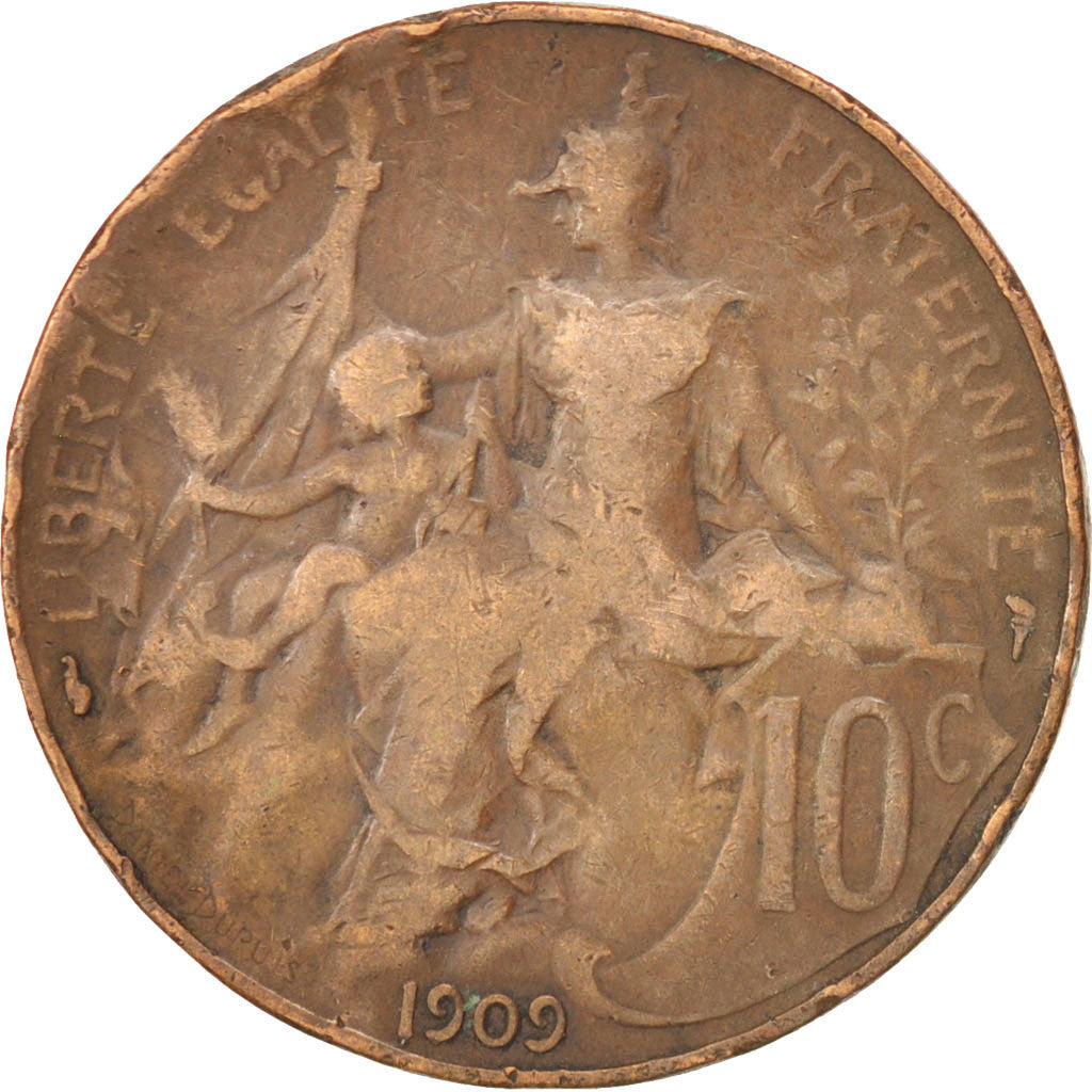FRANCE, Dupuis, 10 Centimes, 1909, Paris, KM #843, VF(20-25), Bronze, 30,...