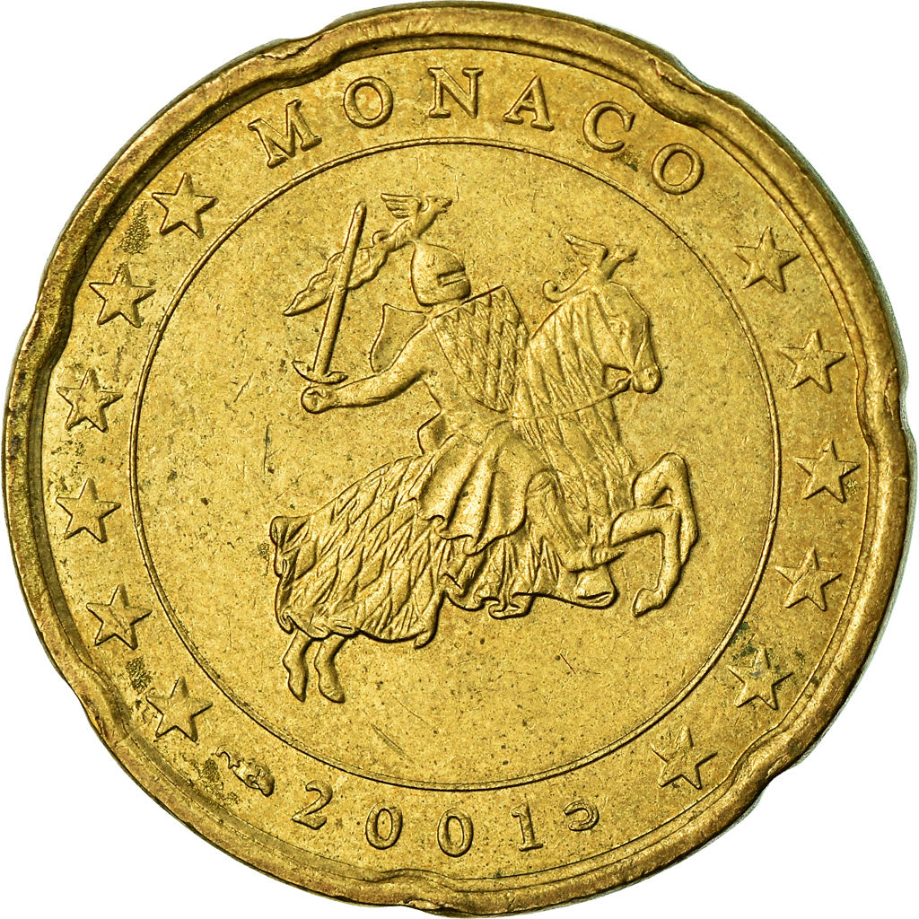 Monaco, 20 Euro Cent, 2001, AU(55-58), Brass, KM:171