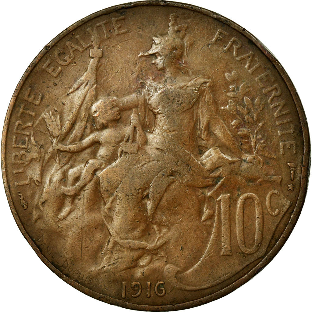 Moneda, Francia, Dupuis, 10 Centimes, 1916, BC+, Bronce, KM:843, Gadoury:277