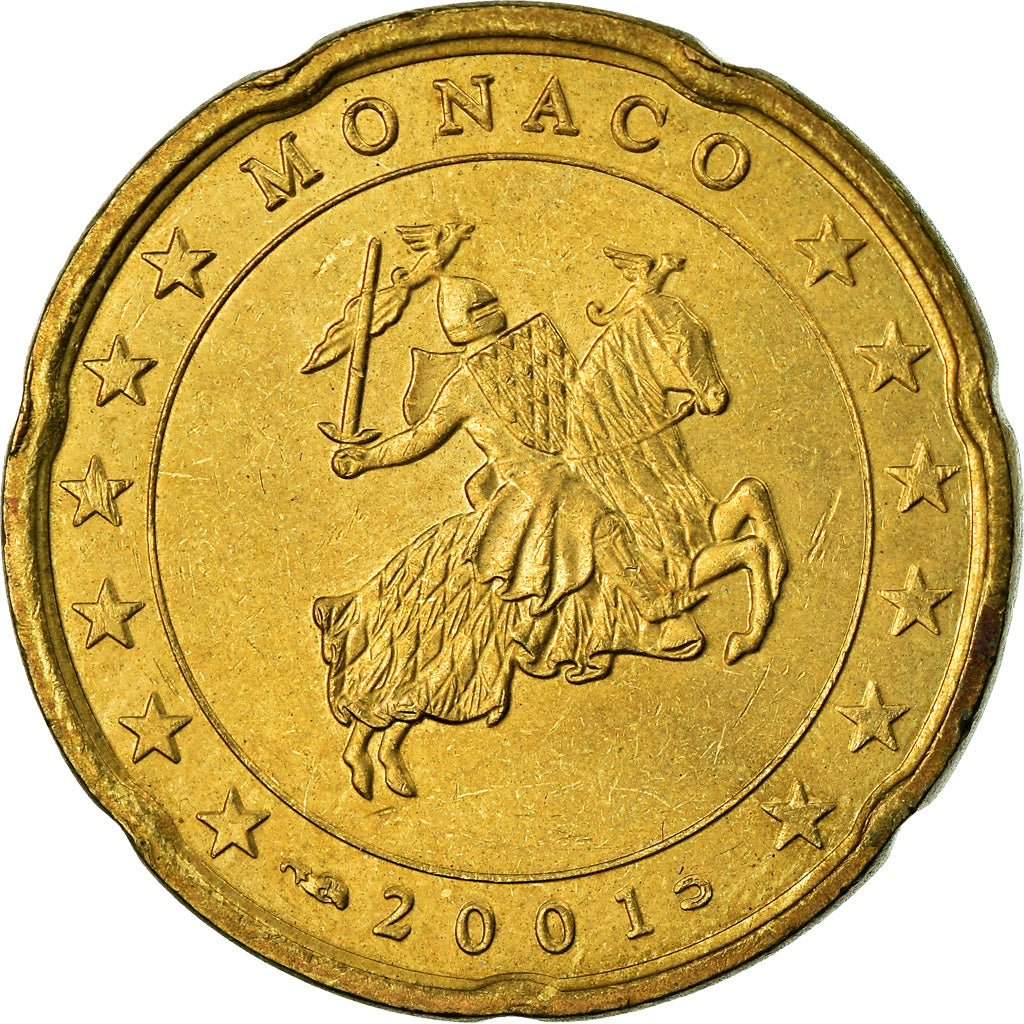 Monaco, 20 Euro Cent, 2001, AU(55-58), Brass, KM:171