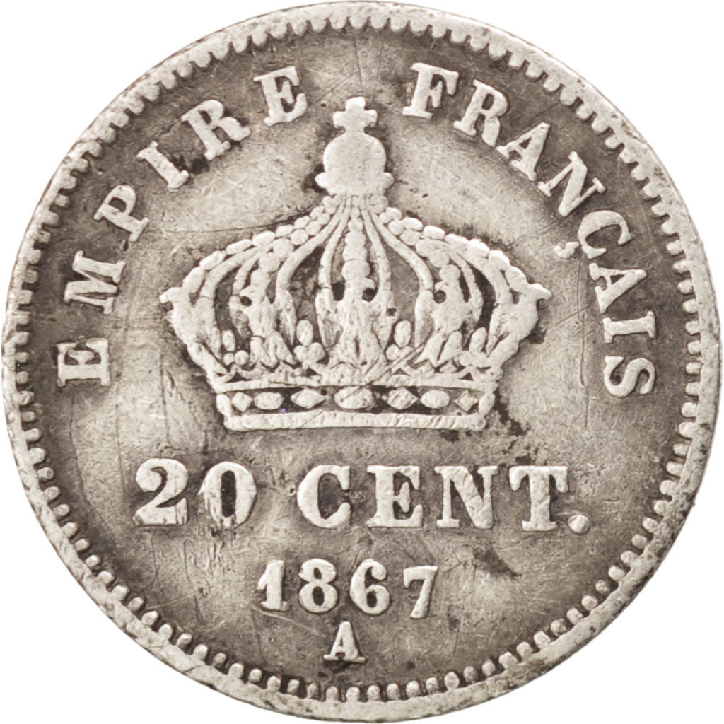 FRANCE, Napoléon III, 20 Centimes, 1867, Paris, KM #808.1, VF(30-35), Silver, G.