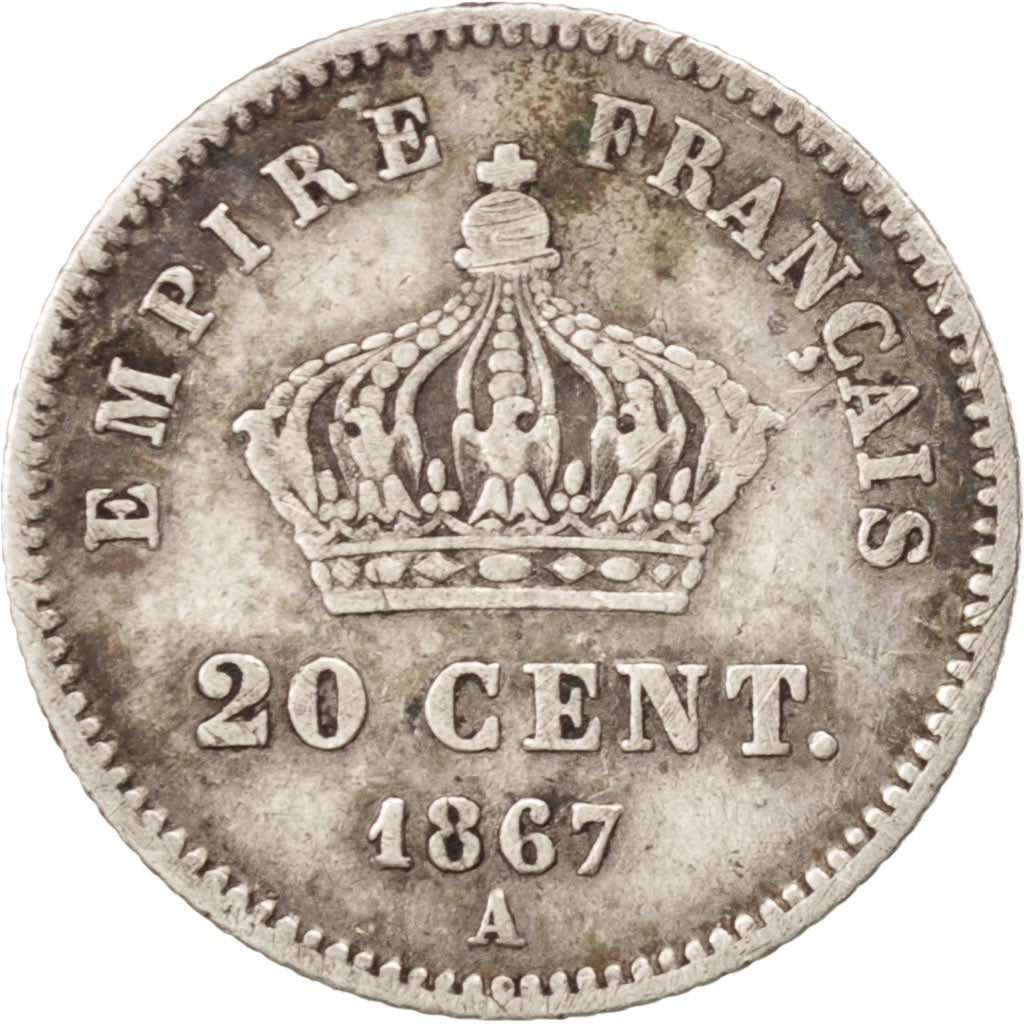 FRANCE, Napoléon III, 20 Centimes, 1867, Paris, KM #808.1, VF(30-35), Silver, G.