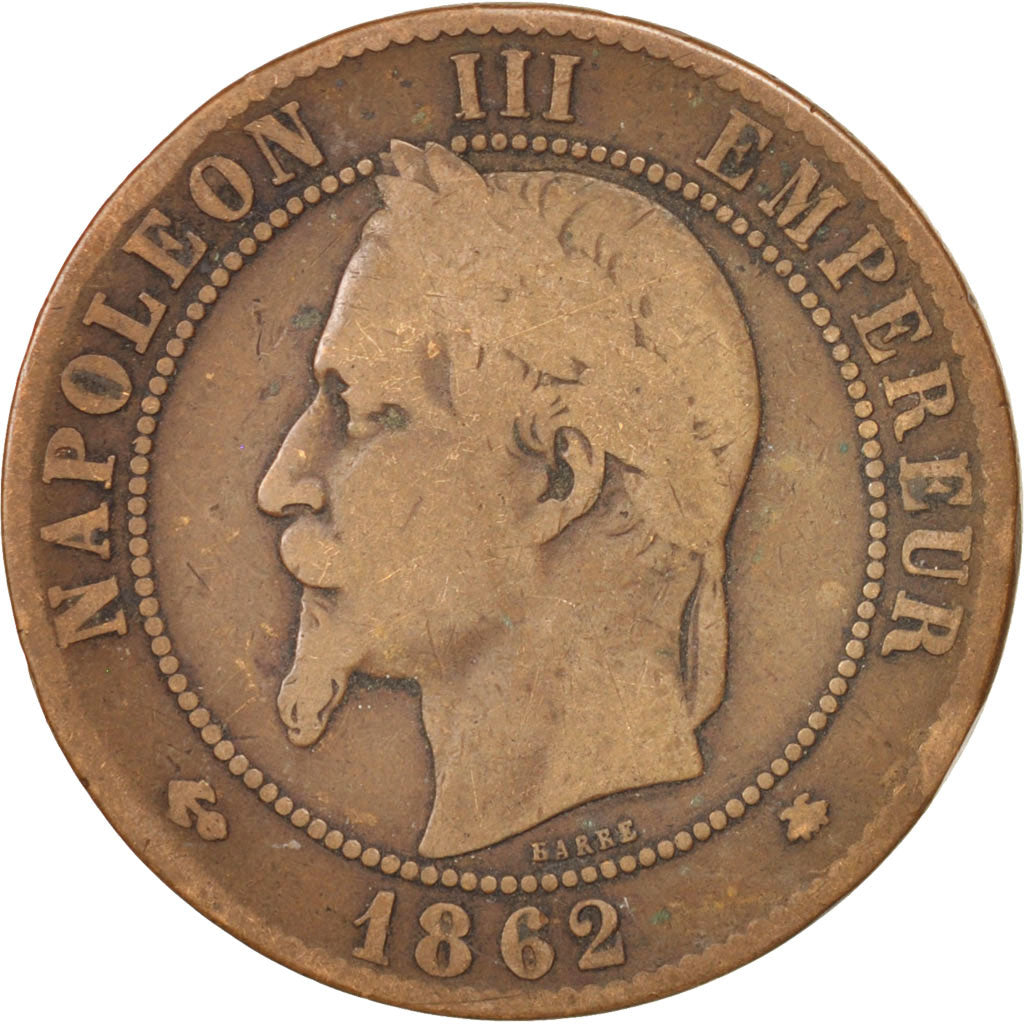 FRANCE, Napoléon III, 10 Centimes, 1862, Paris, KM #798.1, F(12-15), Bronze, G..