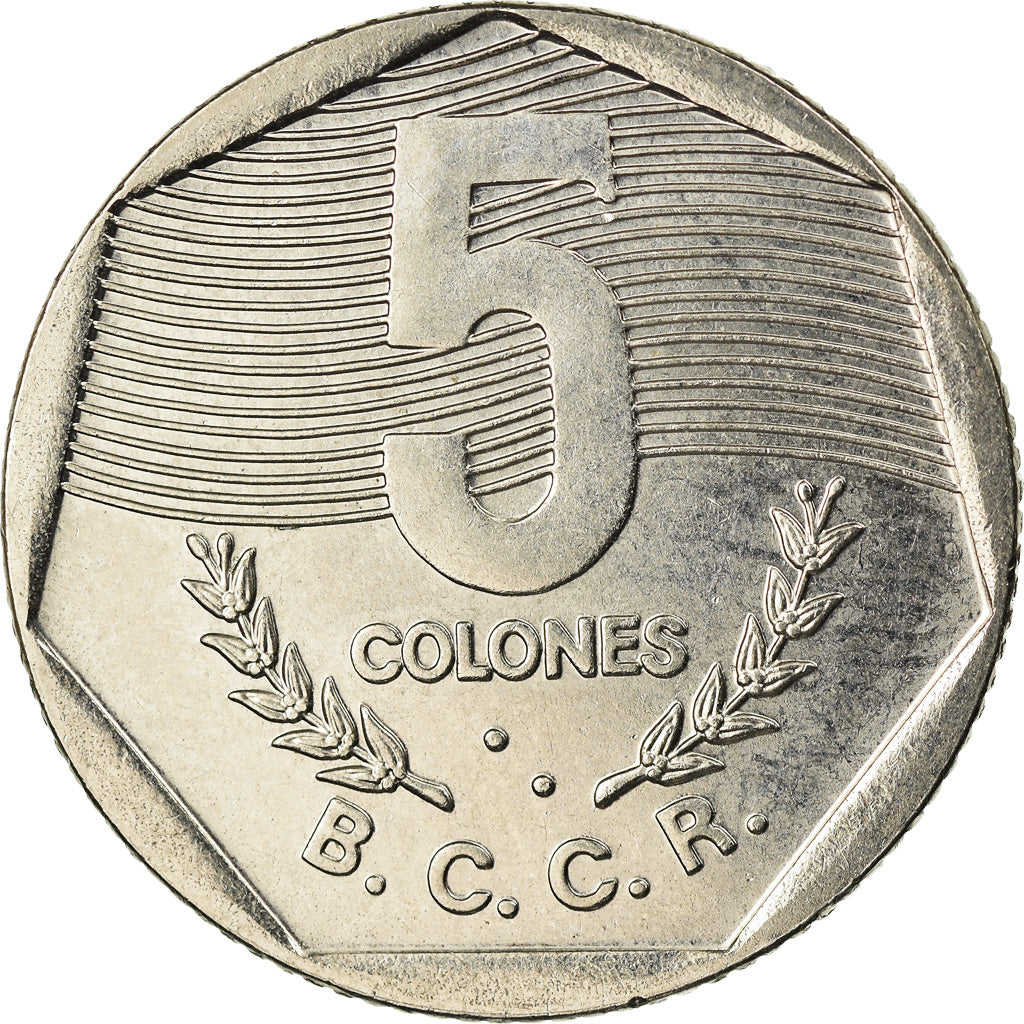 Munten, Costa Rica, 5 Colones, 1993, PR, Nickel Plated Stainless Steel, KM:214.3