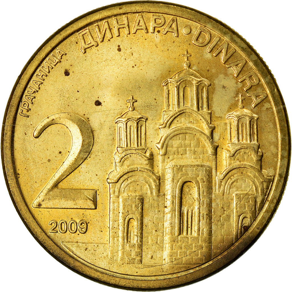Coin, Serbia, 2 Dinara, 2009, AU(55-58), Nickel-brass, KM:46