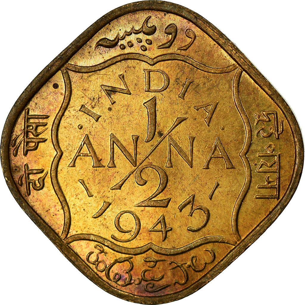 Moneta, INDIA - BRITANNICA, George VI, 1/2 Anna, 1943, Calcutta, BB