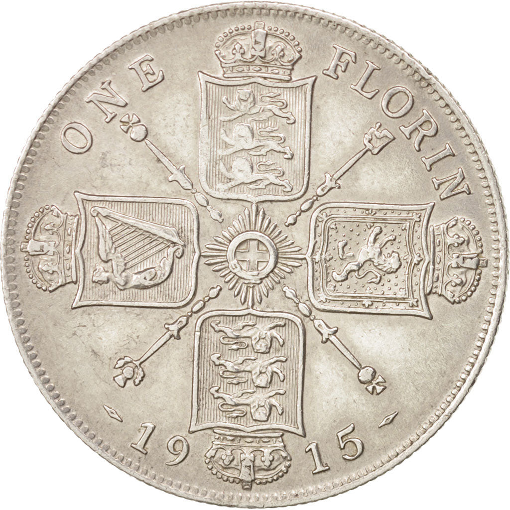 GREAT BRITAIN, Florin, Two Shillings, 1915, KM #817, AU(50-53), Silver, 28.3,...