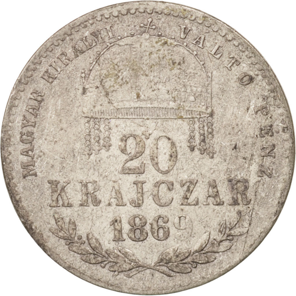 HUNGARY, 20 Krajczar, 1869, Kremnitz, KM #446.1, VF(20-25), Silver, 2.55