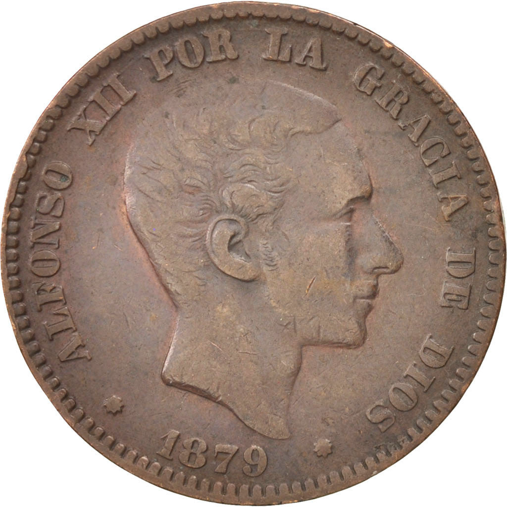 SPAIN, 10 Centimos, 1879, KM #675, VF(30-35), Bronze, 9.92