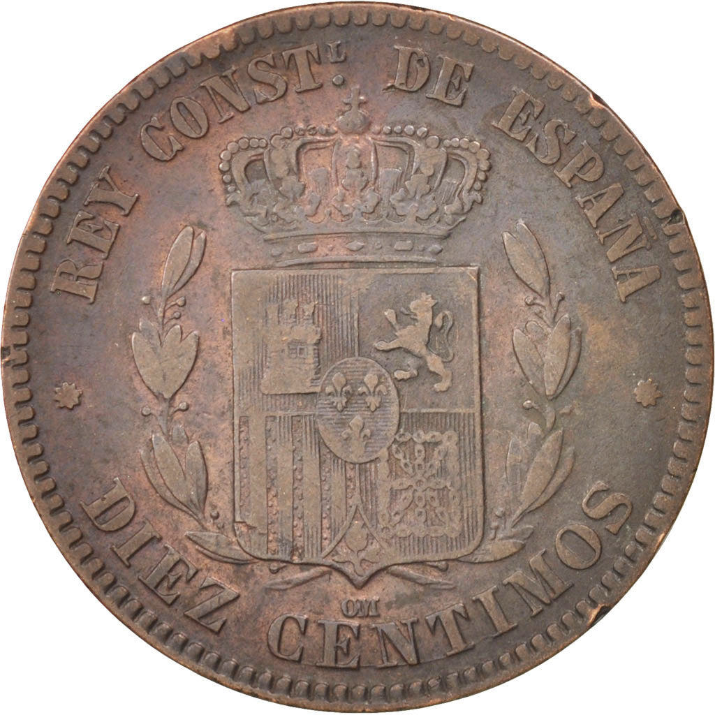 SPAIN, 10 Centimos, 1879, KM #675, VF(30-35), Bronze, 9.92