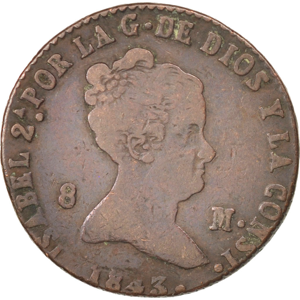 SPAIN, 8 Maravedis, 1843, Segovia, KM #531.3, VF(20-25), Copper, 9.32