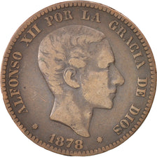 SPAIN, 10 Centimos, 1878, KM #675, VF(30-35), Bronze, 10.18