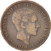 SPAIN, 10 Centimos, 1878, KM #675, VF(30-35), Bronze, 10.18