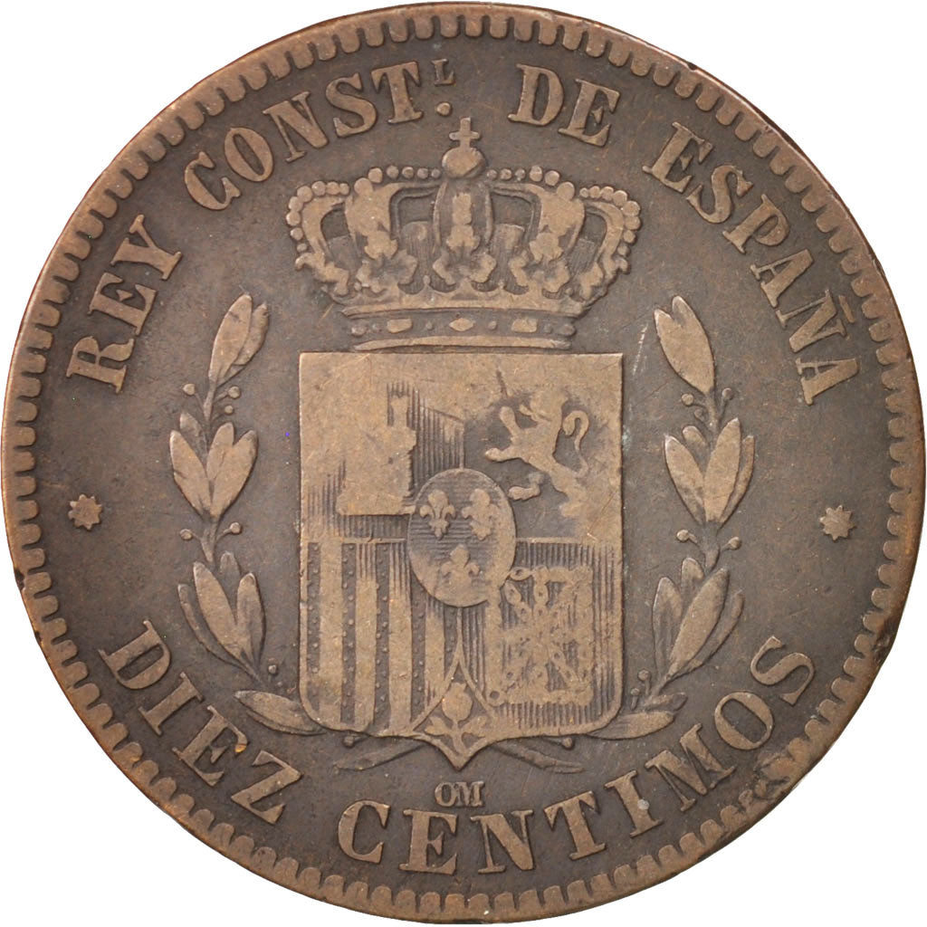 SPAIN, 10 Centimos, 1878, KM #675, VF(30-35), Bronze, 10.18