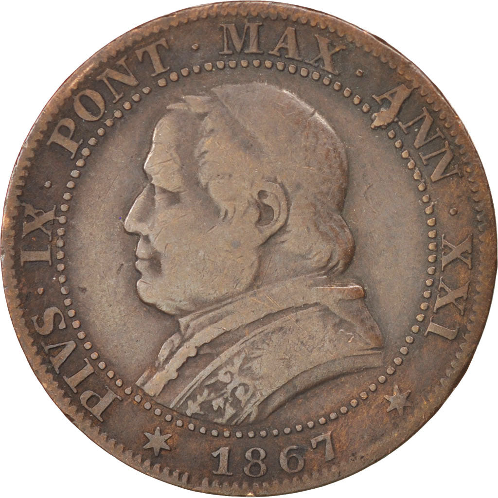 STATI ITALIANI, PAPAL STATES, Pius IX, Soldo, 5 Centesimi, 1867, Roma, MB+, R...