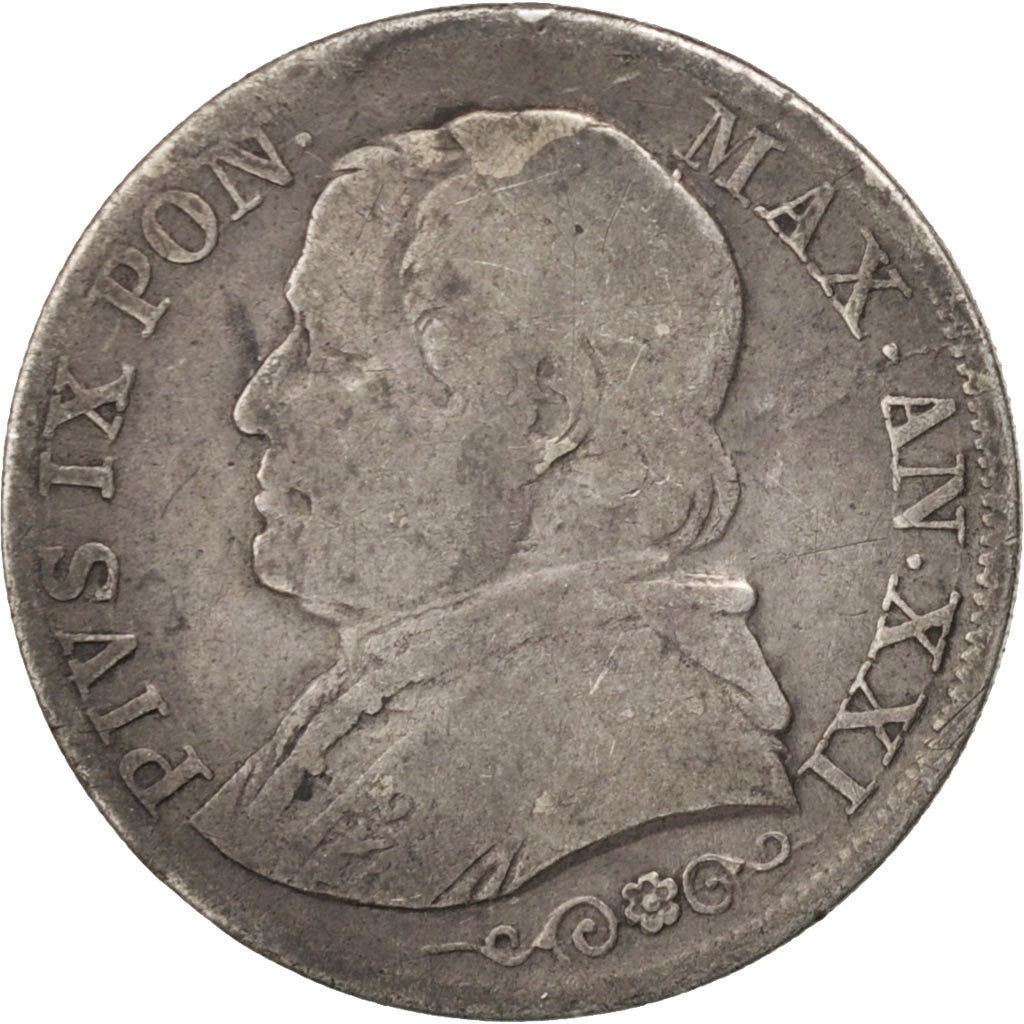 ITALIAN STATES, Lira, 1867, Roma, KM #1378, VF(20-25), Silver, 4.77