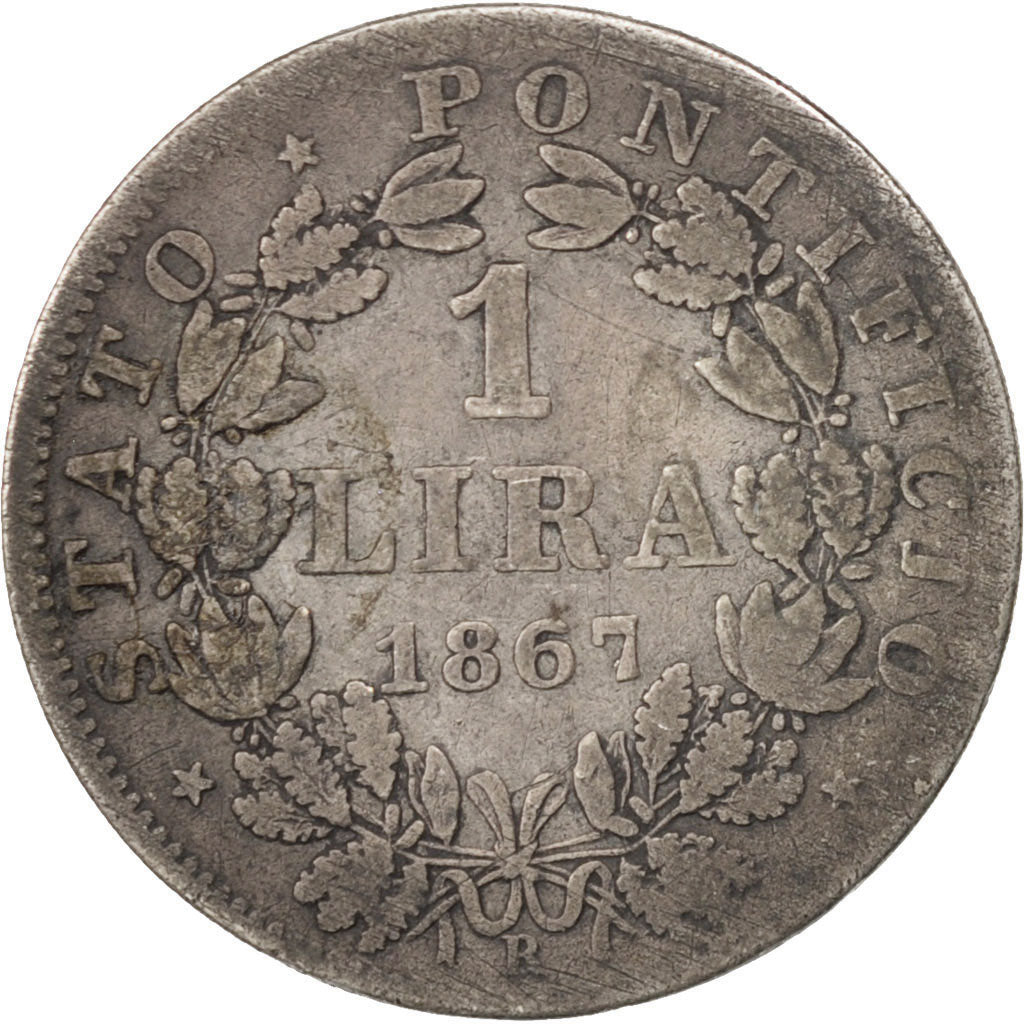 ITALIAN STATES, Lira, 1867, Roma, KM #1378, VF(20-25), Silver, 4.77
