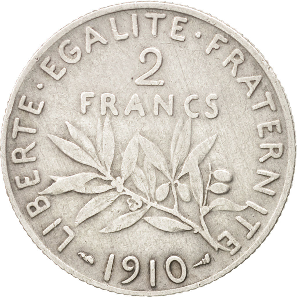 FRANCE, Semeuse, 2 Francs, 1910, Paris, KM #845.1, EF(40-45), Silver, 27,...