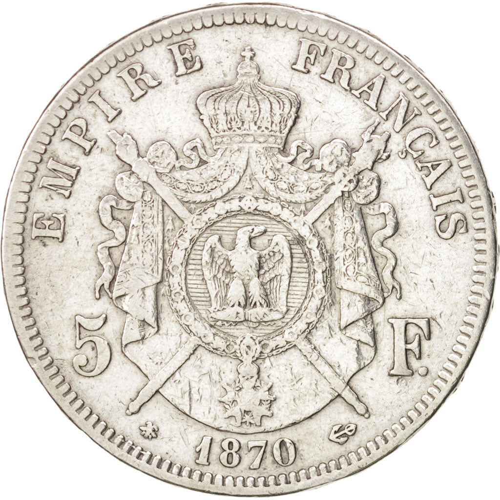 FRANCE, Napoléon III, 5 Francs, 1870, Paris, KM #799.1, VF(30-35), Silver, G...