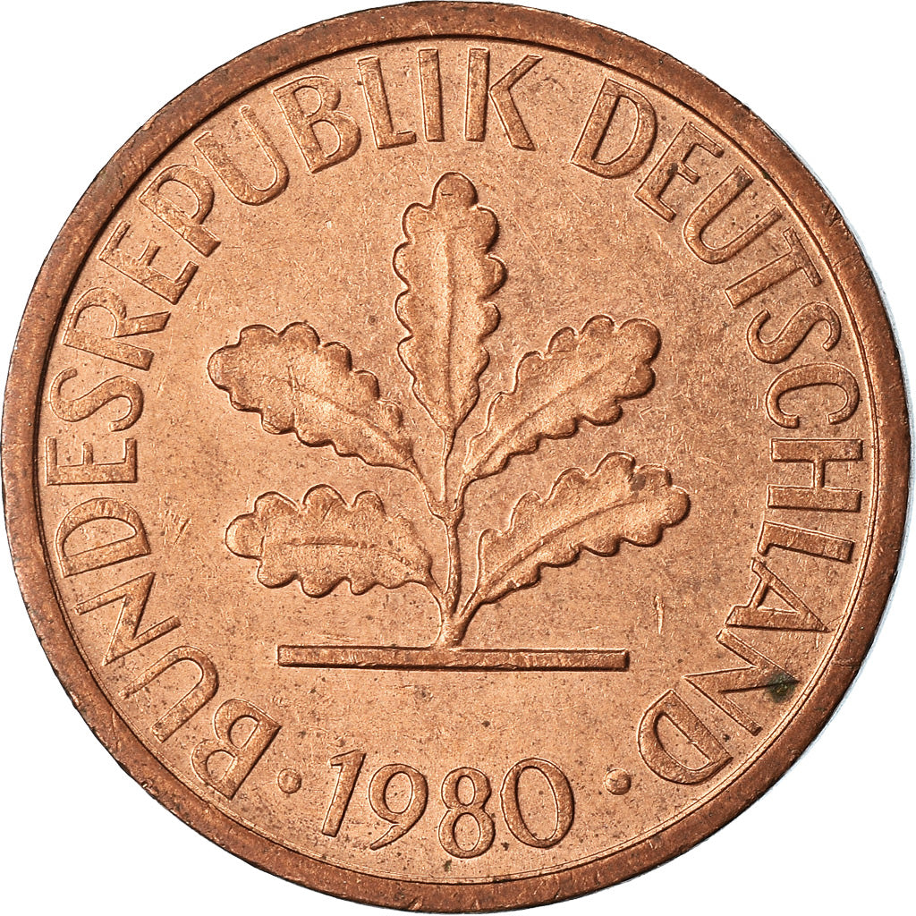 Coin, GERMANY - FEDERAL REPUBLIC, Pfennig, 1980, Karlsruhe, EF(40-45), Copper
